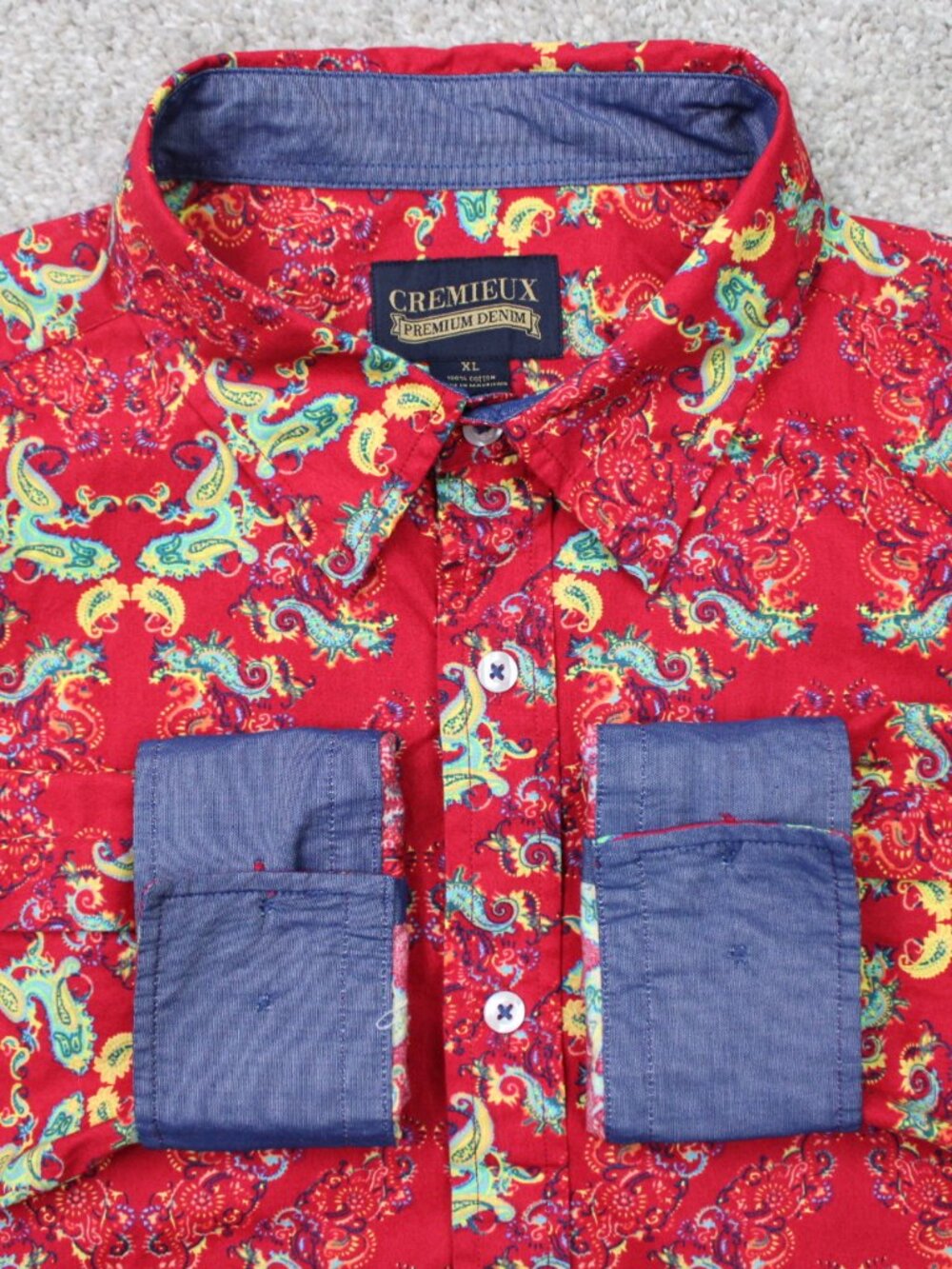 Cremieux Shirt Mens XL Red Floral Flip Cuff 100% Cotton Long Sleeve Button